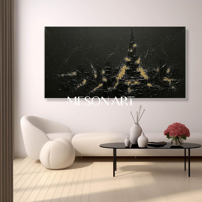 Large 3D Impasto Canvas, Heavy Plaster Architecture Art, Dark Aesthetic Luxury Decor, Gold Dust Urban Landscape.