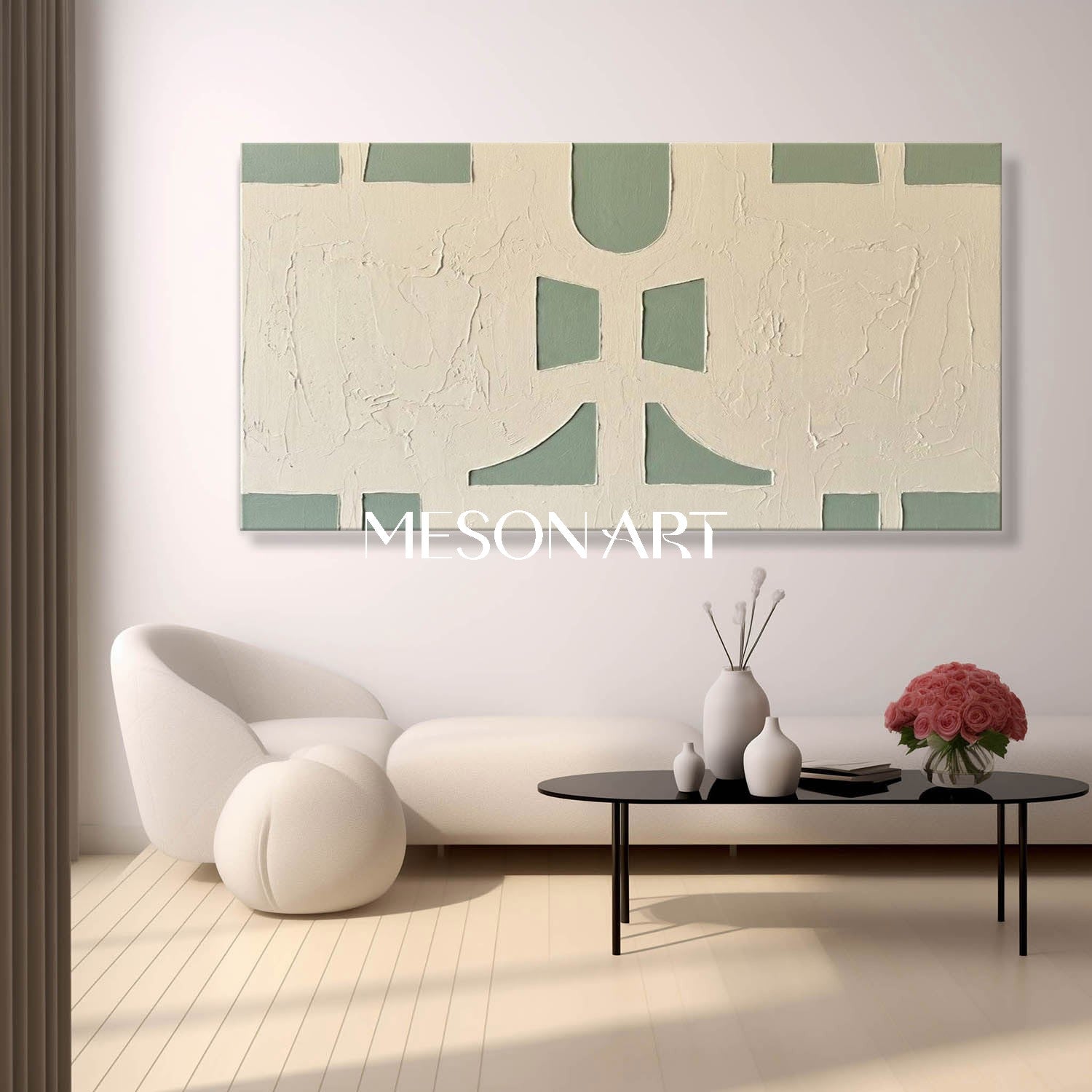 Panoramic Sage Green Canvas 3D Textured Geometric Painting Custom Size Architectural Canvas