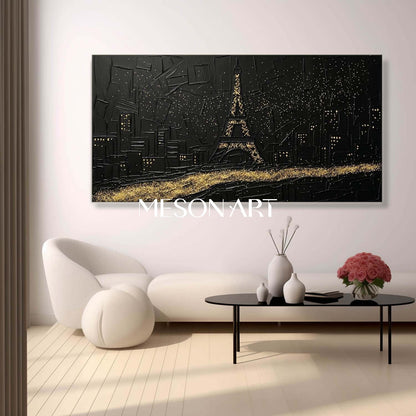 Textured Black & Gold Paris Eiffel Tower 3D Gesso Canvas Art Modern Wall Decor