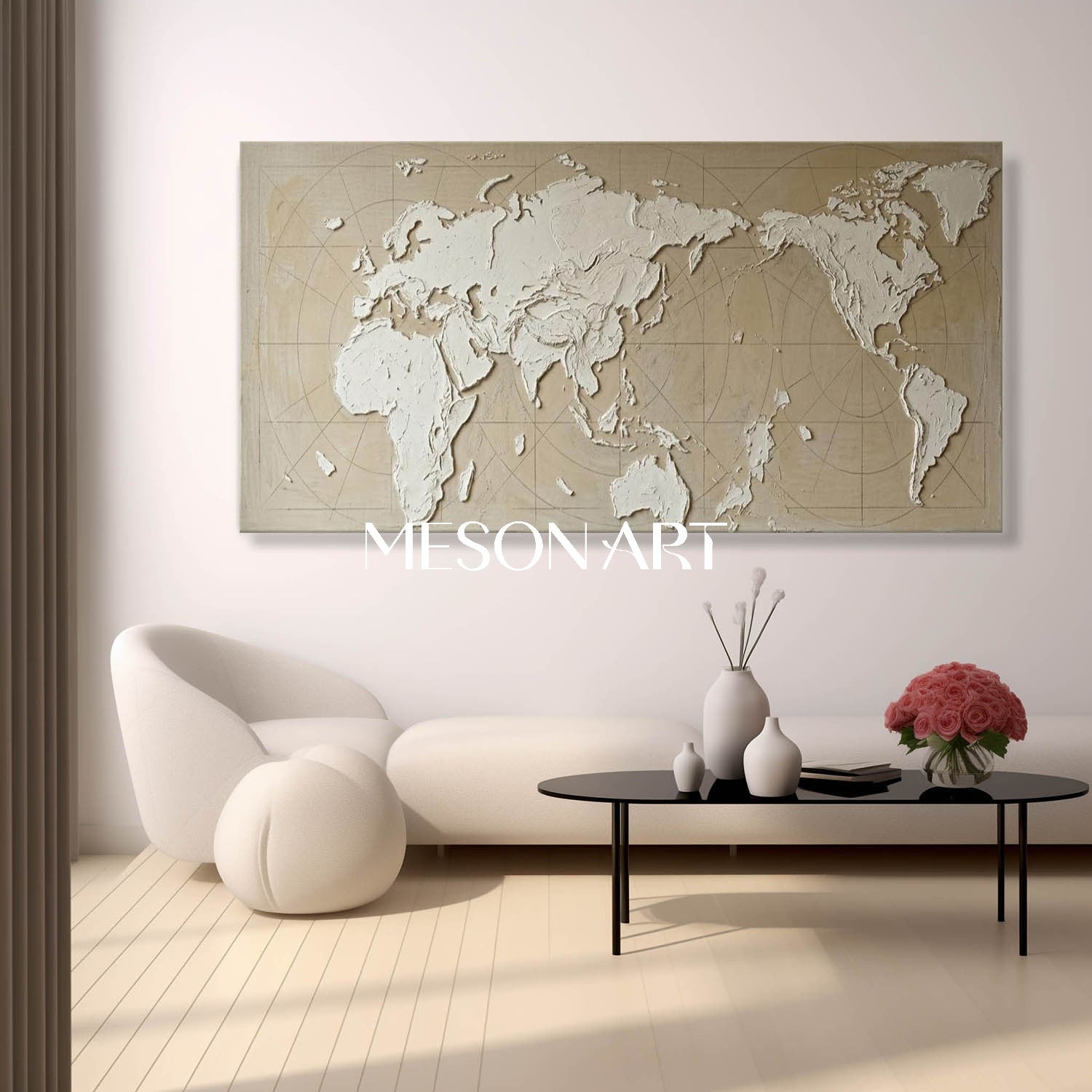 3D Plaster Textured World Map Canvas Art, Gold Framed Wall Painting