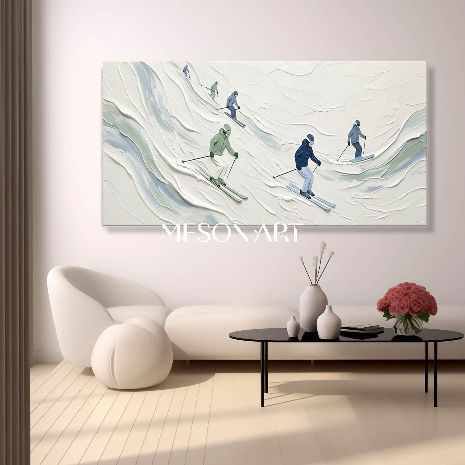 3D Textured White Snow Skiing Panoramic Canvas Wall Art for Modern Home