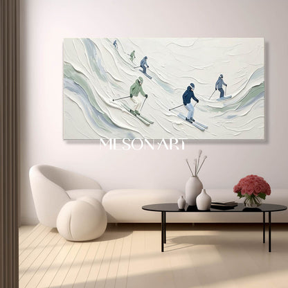 3D Textured White Snow Skiing Panoramic Canvas Wall Art for Modern Home