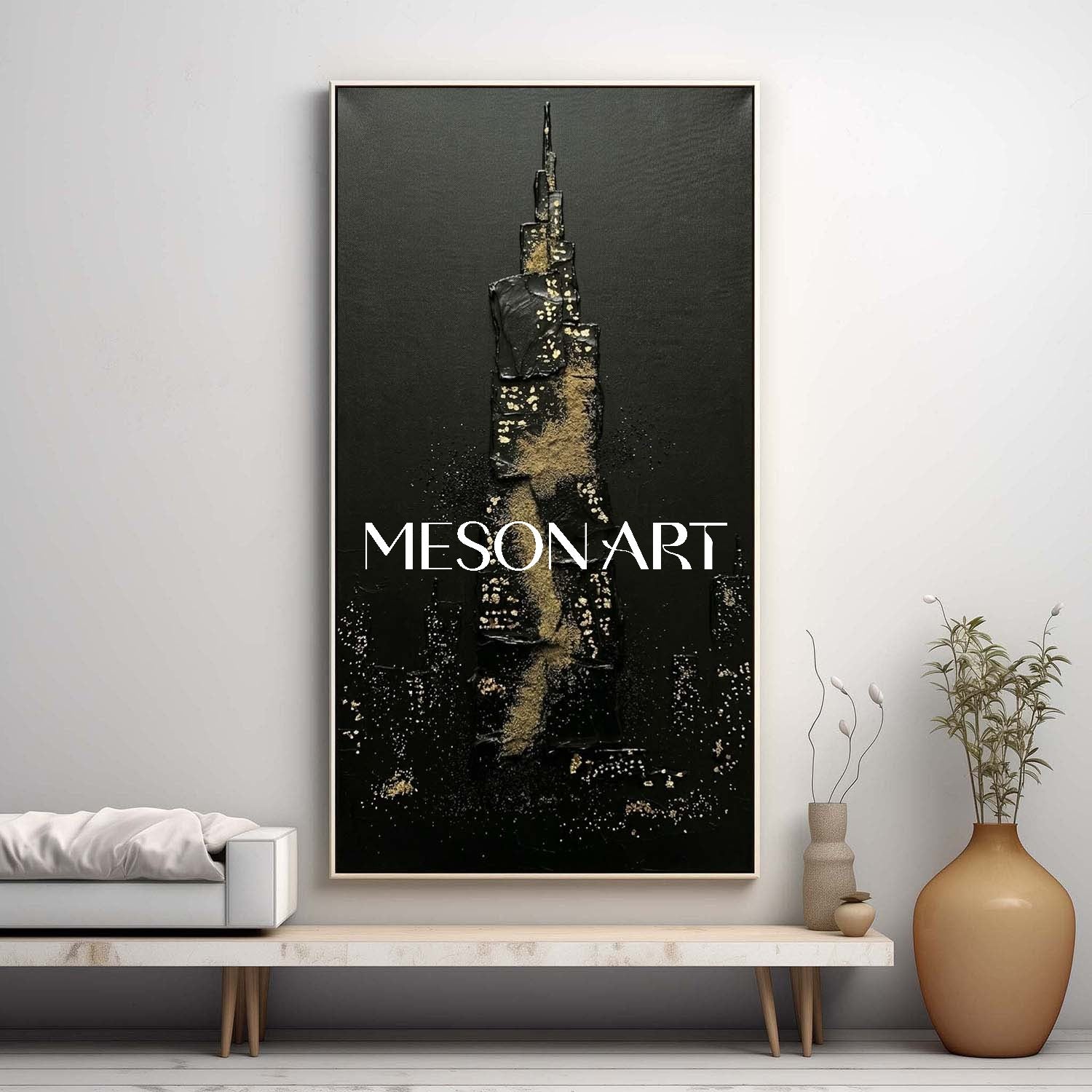 Vertical Black Gold Skyscraper Art Abstract Cityscape Wall Decor Dark Aesthetic Entryway Art