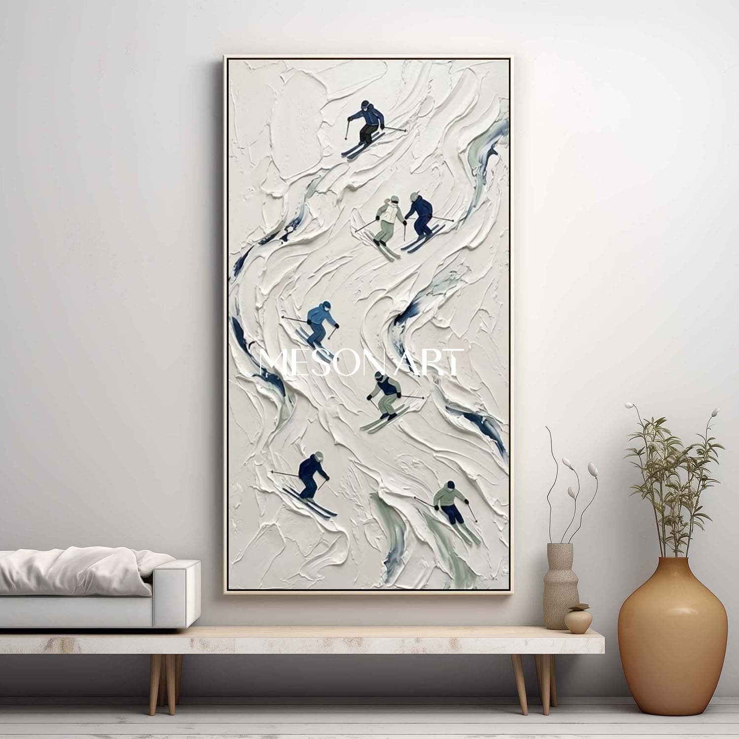 Vertical Plaster Relief Winter Sports Landscape Painting for Entryway Wall