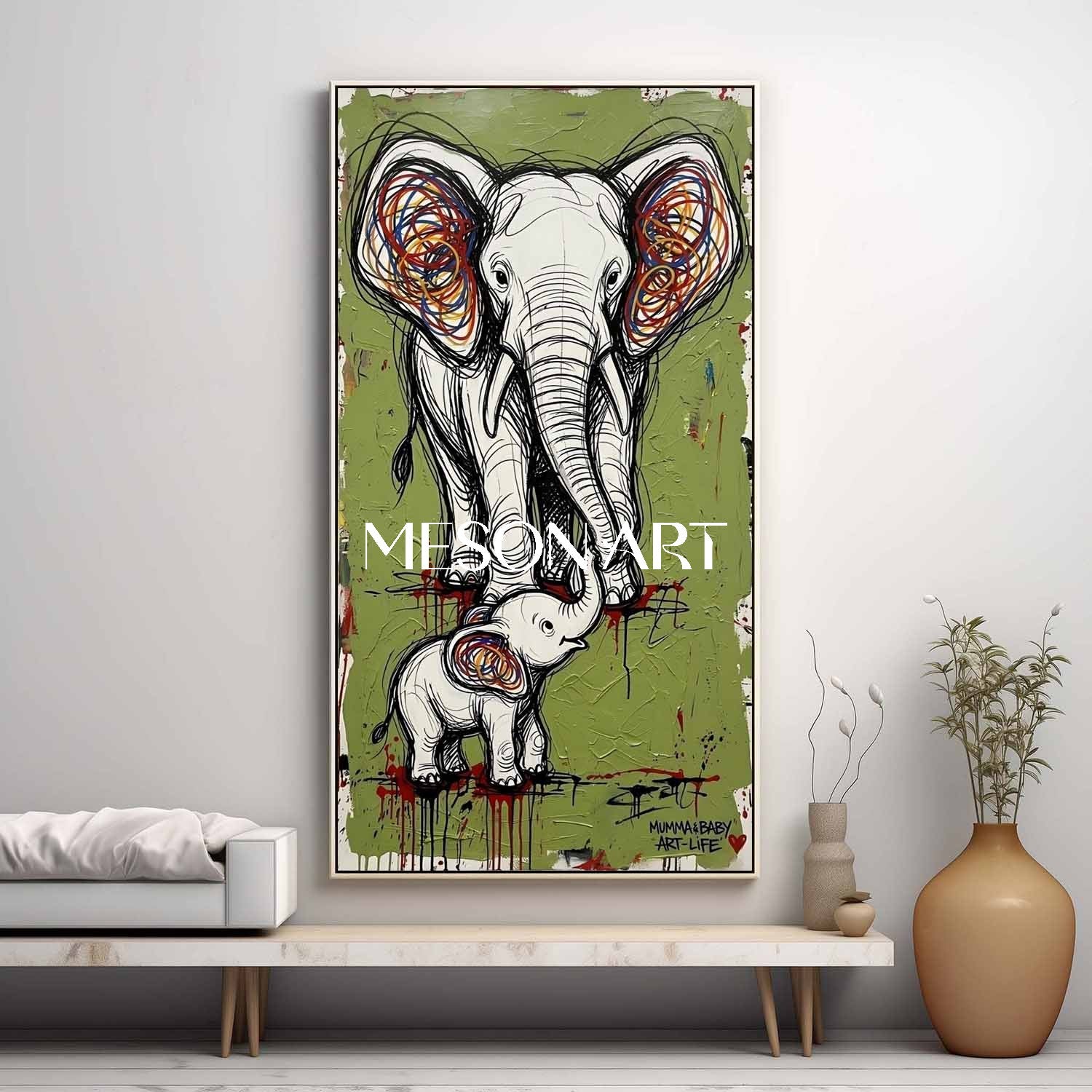 Large Avocado Green Elephant Canvas Art Abstract Elephant Graffiti Painting