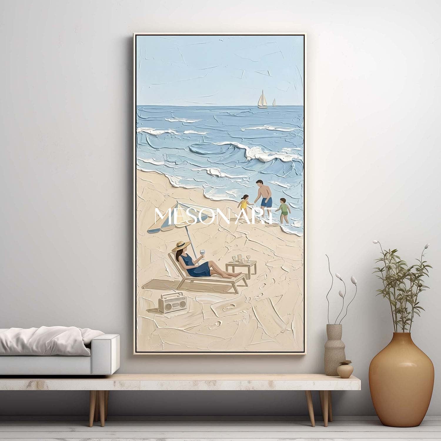 3D Textured Beach Painting Minimalist Coastal Art Hand-painted Texture Art Bohemian Beach Wall Art