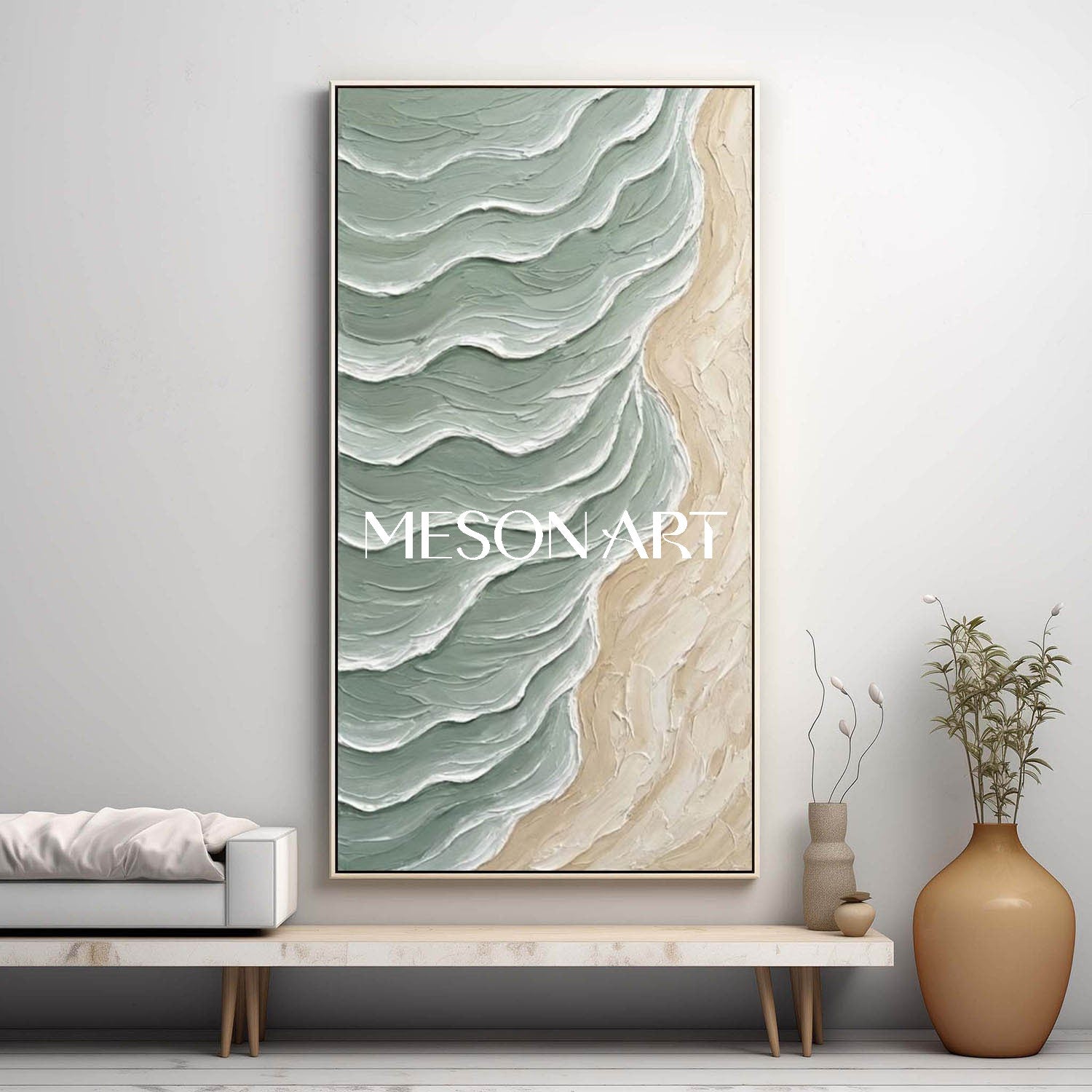 Large Green Wave And Beach Canvas Wall painting Minimalist Sea Wall Art Decoration