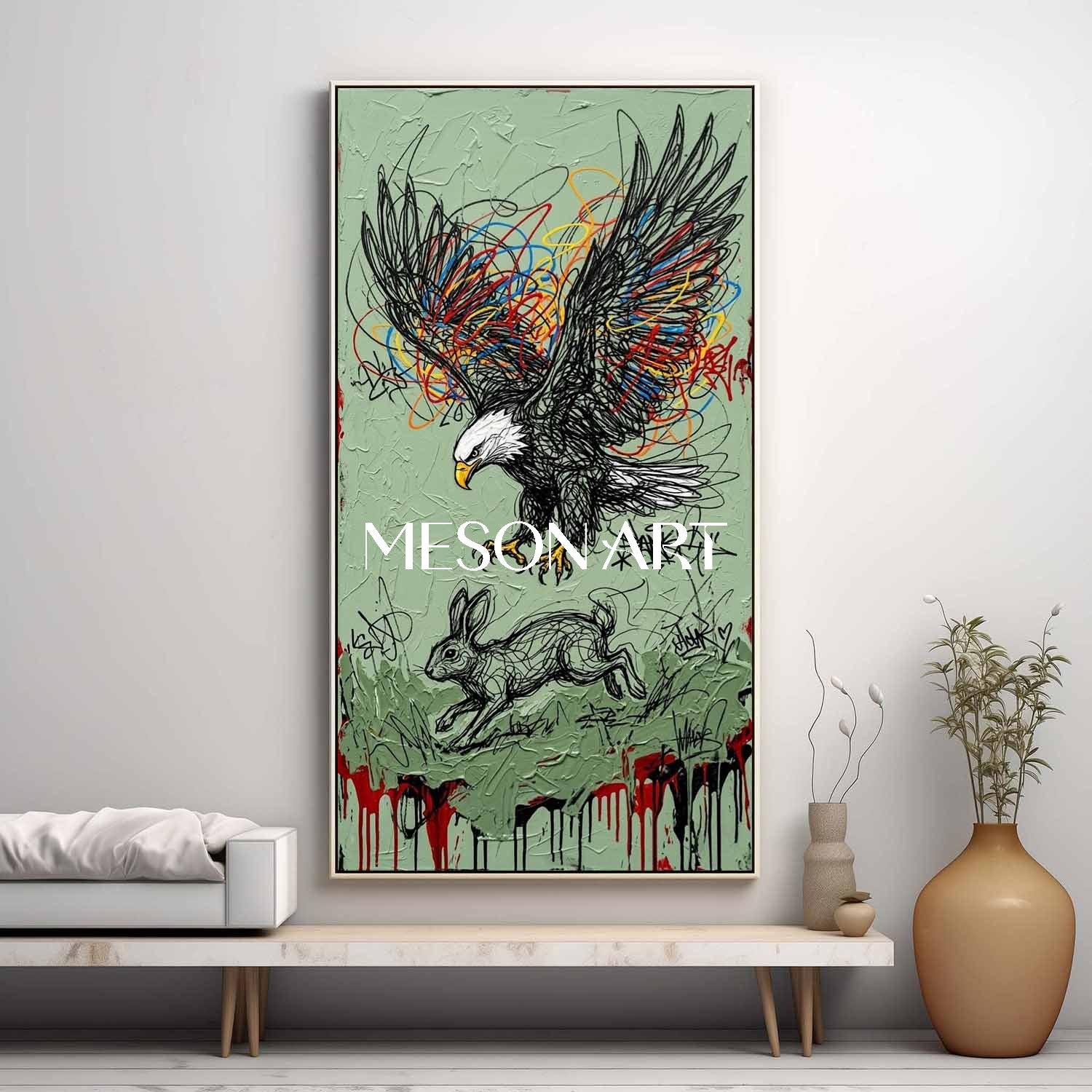 Large Vertical Framed Bald Eagle Hunting Rabbit Canvas Wall Art, Sage Green Textured Abstract Street Art Oil Painting For Office And Living Room Decor By MesonArt
