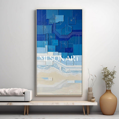 Oversized Blue Textured Art Blue Geometric Abstract Artwork Handmade Relief Wall Painting