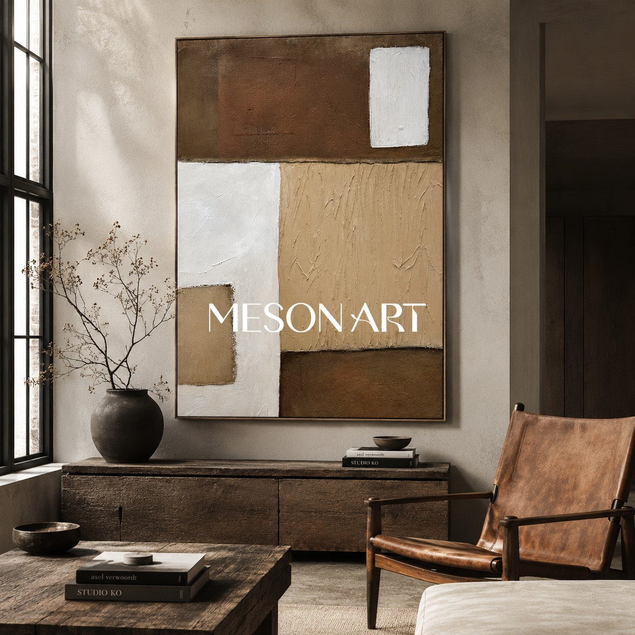 Wabi-Sabi Wall Art Brown Abstract Canvas Painting Brown Minimalist Art Japanese Oil Painting