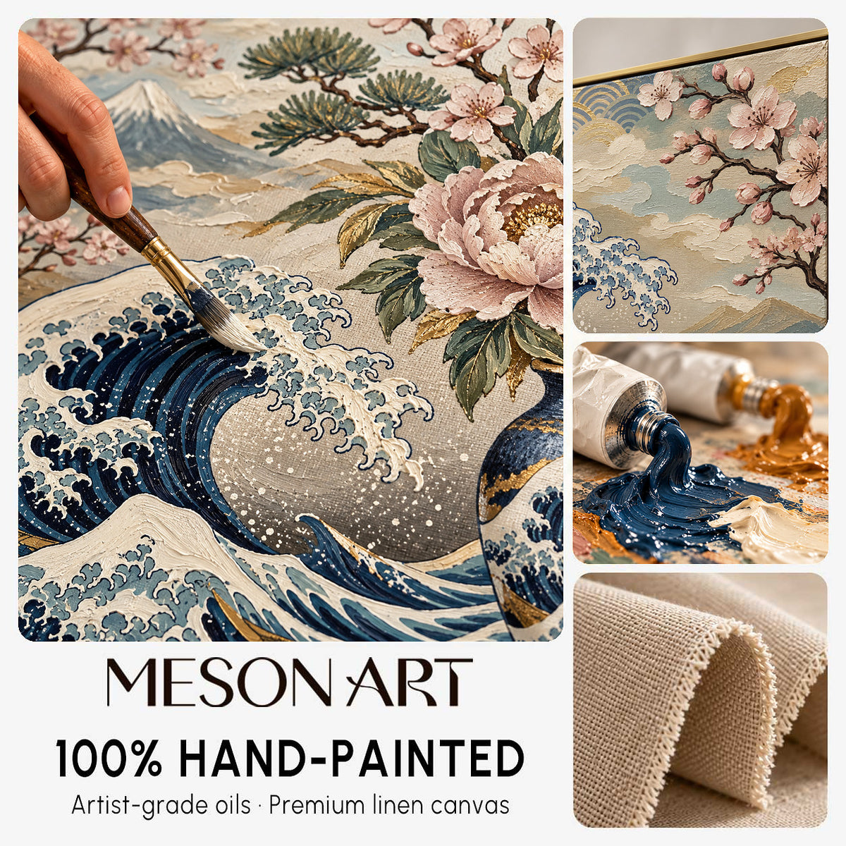 Contemporary Ukiyo-E Wall Art With Waves Cranes And Cherry Blossoms For Living Room Decor