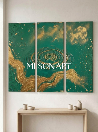Emerald Green And Gold Abstract Triptych Painting With Textured Relief For Art Deco Living Room Entryway