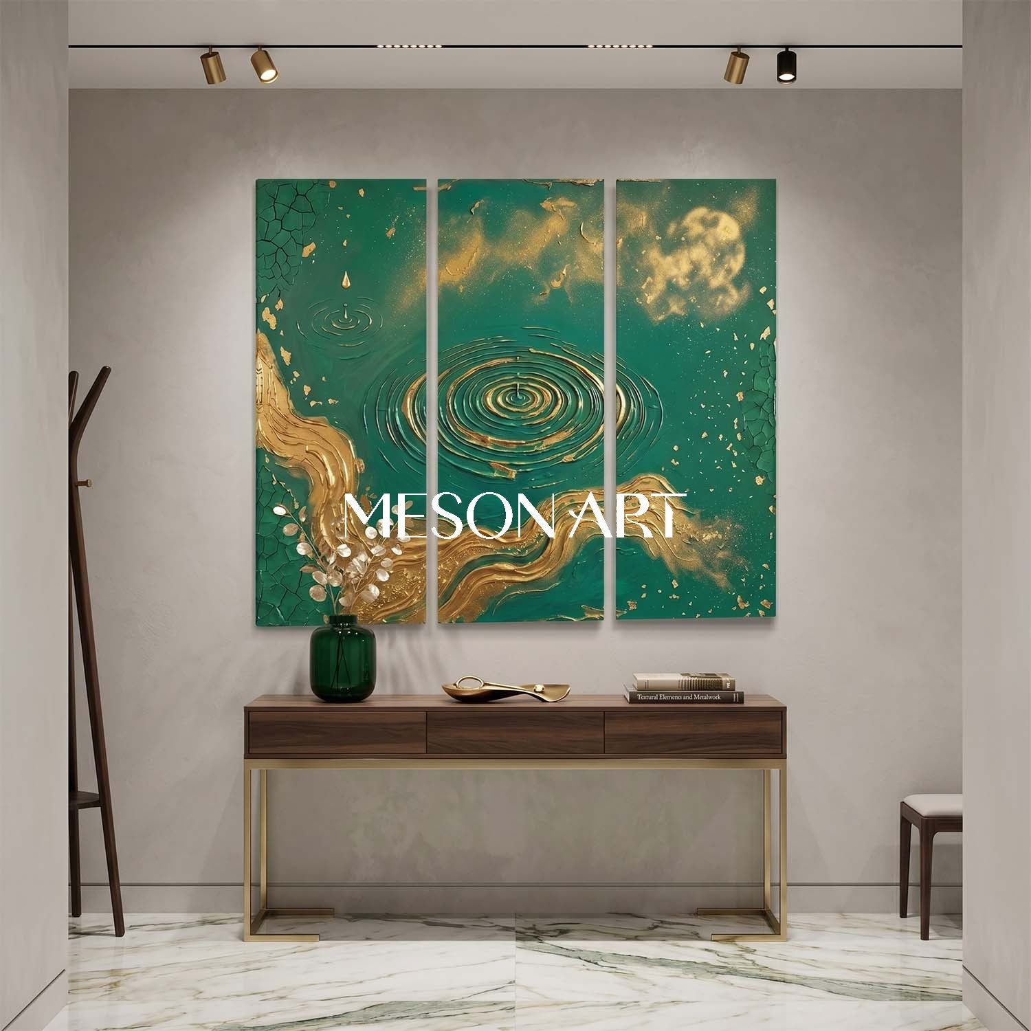Emerald Green And Gold Abstract Triptych Painting With Textured Relief For Art Deco Living Room Entryway