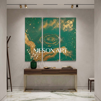 Emerald Green And Gold Abstract Triptych Painting With Textured Relief For Art Deco Living Room Entryway