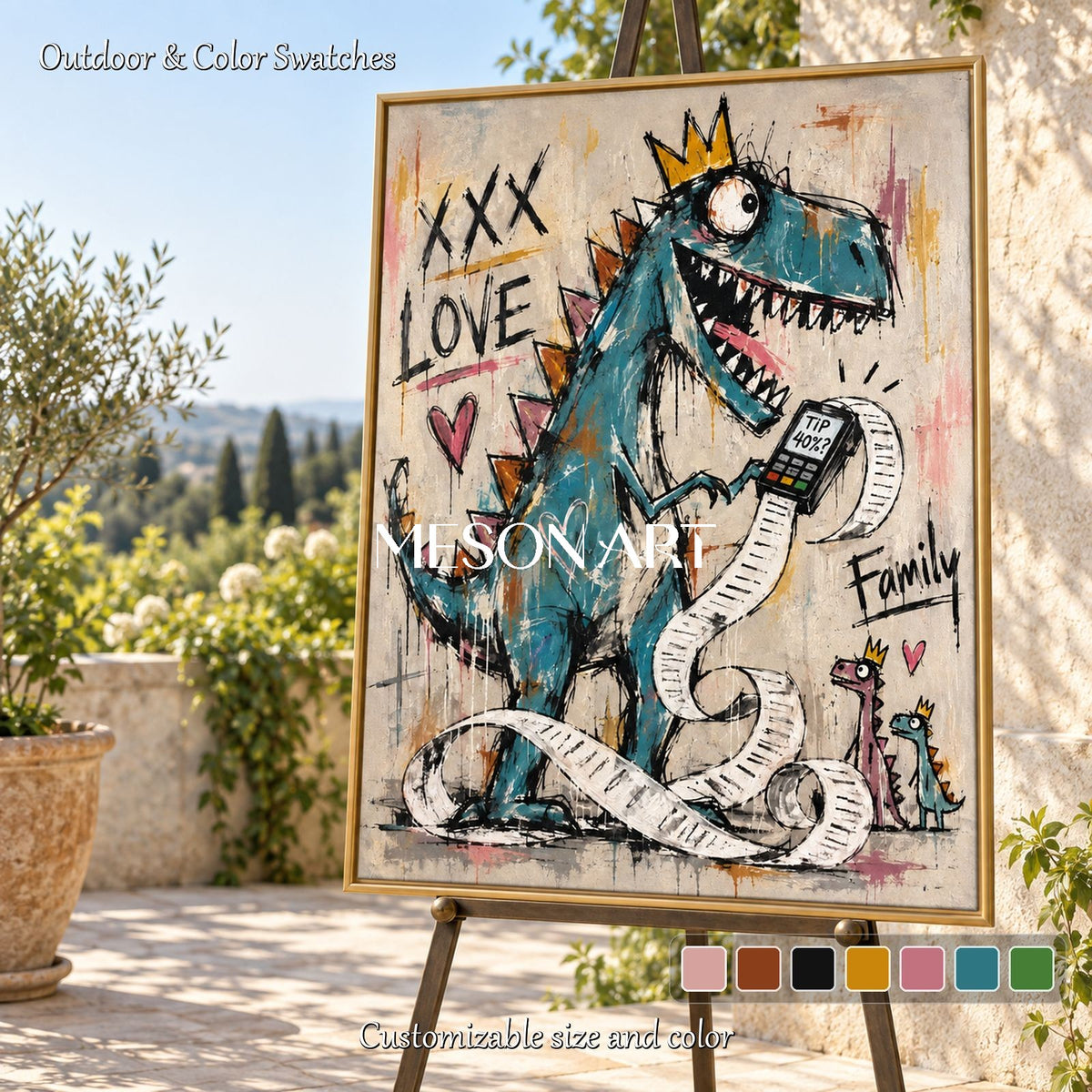 Blue And Gold Graffiti Dinosaur Wall Art Rectangular Original Artist Hand Painted By Mesonart