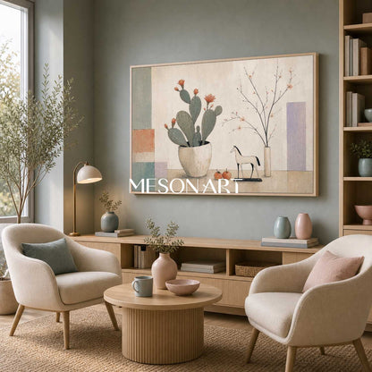 Art Deco Cactus Painting For Modern Living Room Decor With Geometric Shapes