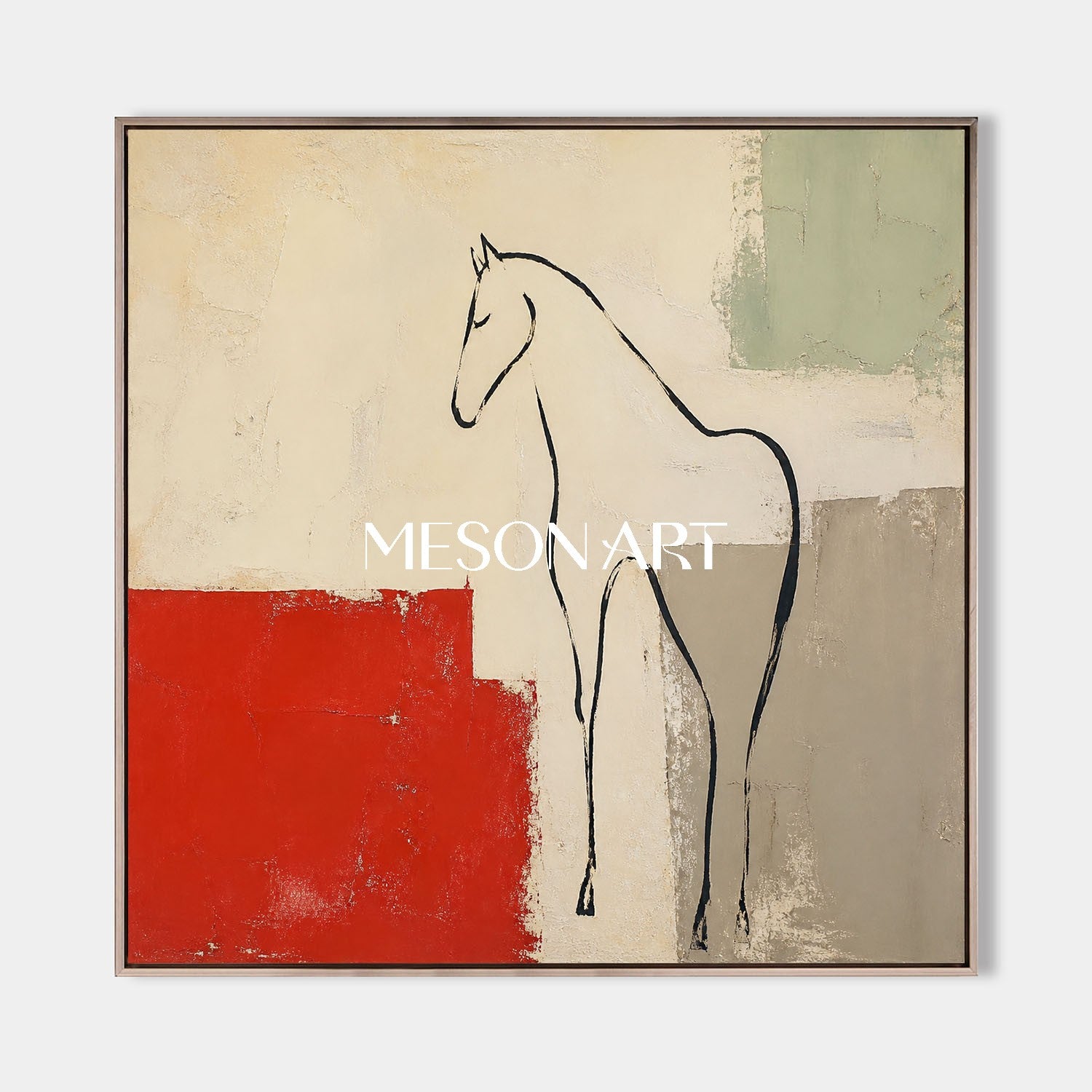 Minimalist Horse Painting With Red Accent For French Romantic Living Room Decor