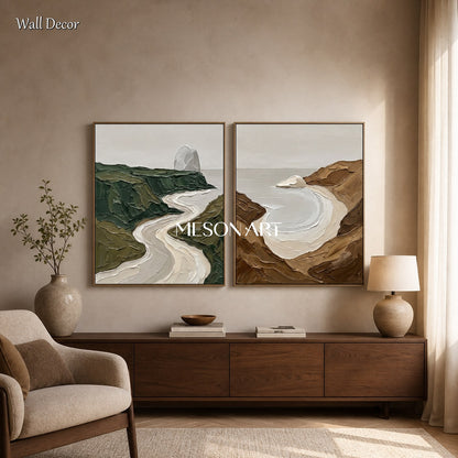 Green And Brown Painting Modern Textured Landscape Art Rectangular Wall Decor For Living Room By Mesonart