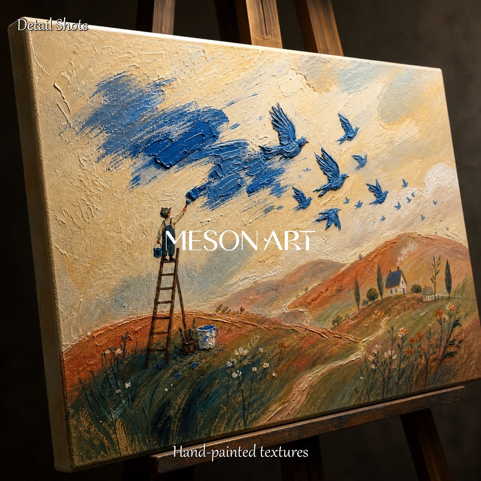 Blue And Beige Surreal Landscape Painting With Birds And Painter Rectangular Wall Art For Living Room By Mesonart