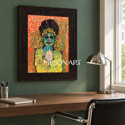 Orange And Green Expressionist Portrait Painting Rectangular Wall Art Original Artist Hand Painted By Mesonart
