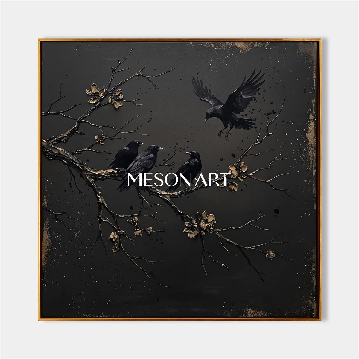 Black And Gold Painting Textured Crow Art Square Wall Decor For Living Room By Mesonart