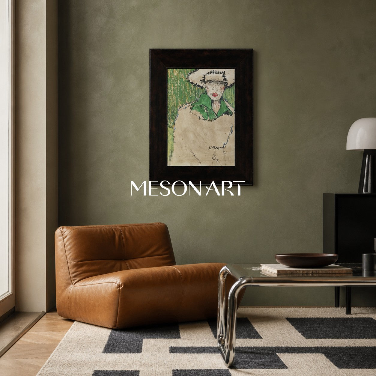 Abstract Modern Portrait With Green Accents Original Oil Painting On Linen Canvas For Living Room Decor