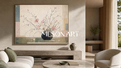 Elegant Pink Floral Still Life Painting With Geometric Background For Dining Room Wall Art Decor