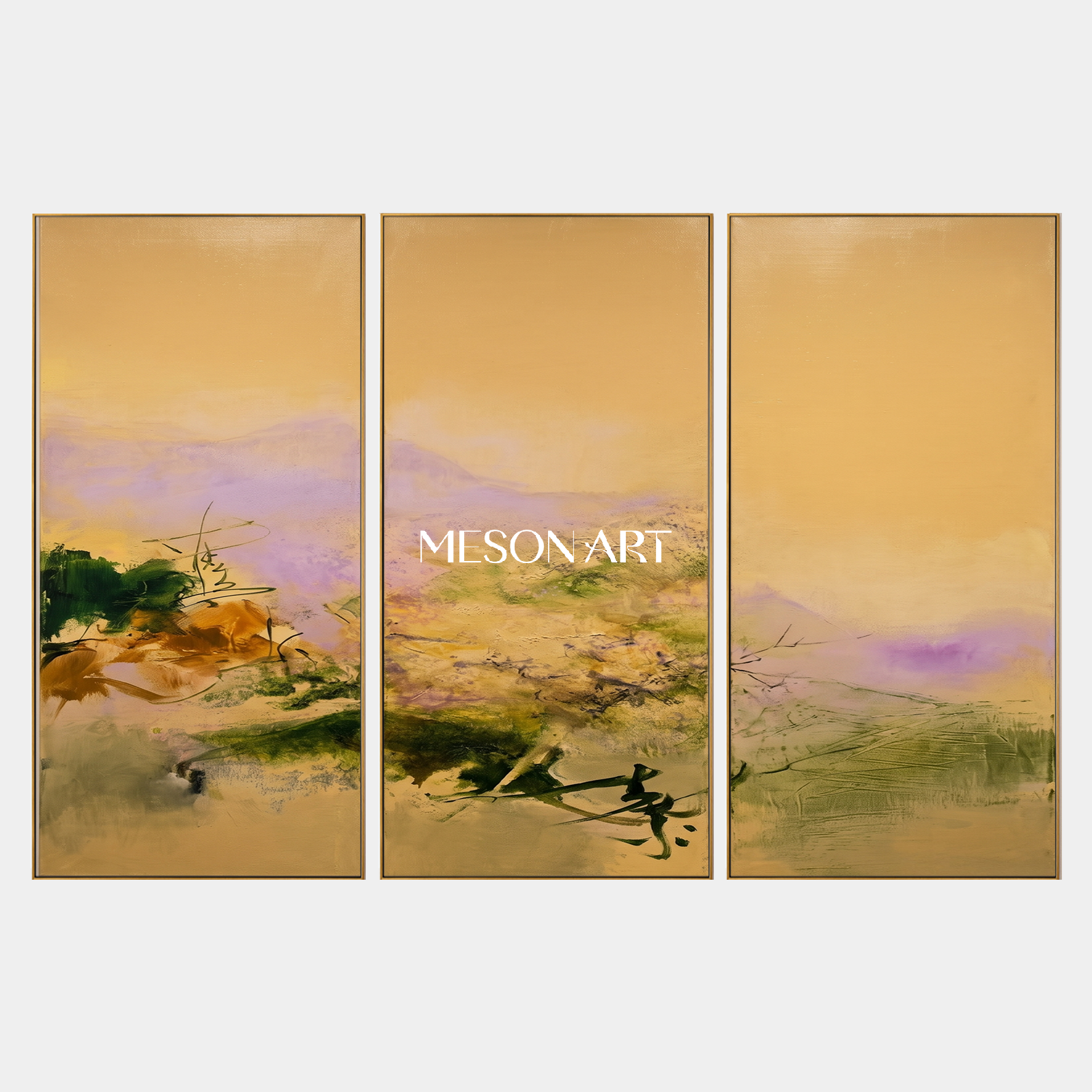 Gold And Green Abstract Expressionist Landscape Painting Rectangular Wall Art For Living Room By Mesonart