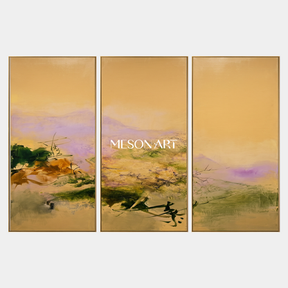 Gold And Green Abstract Expressionist Landscape Painting Rectangular Wall Art For Living Room By Mesonart