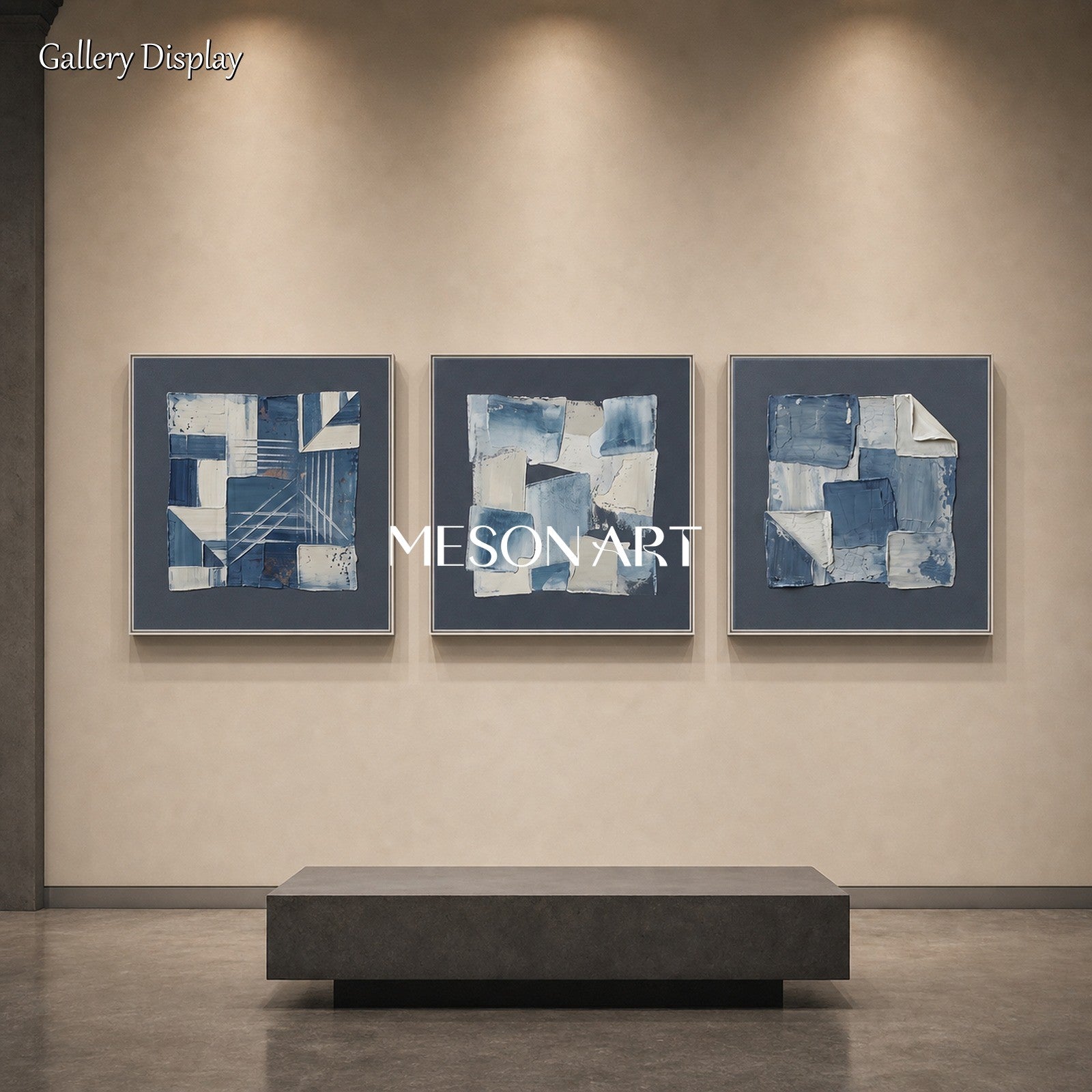 Blue Abstract Art Triptych With Textured Brushwork For Wabi Sabi Home Decor