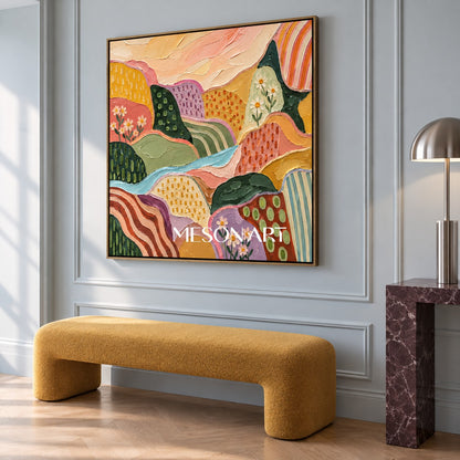 Colorful Abstract Landscape Painting Square Wall Art Original Hand Painted By Artist Modern Impasto Style By Mesonart