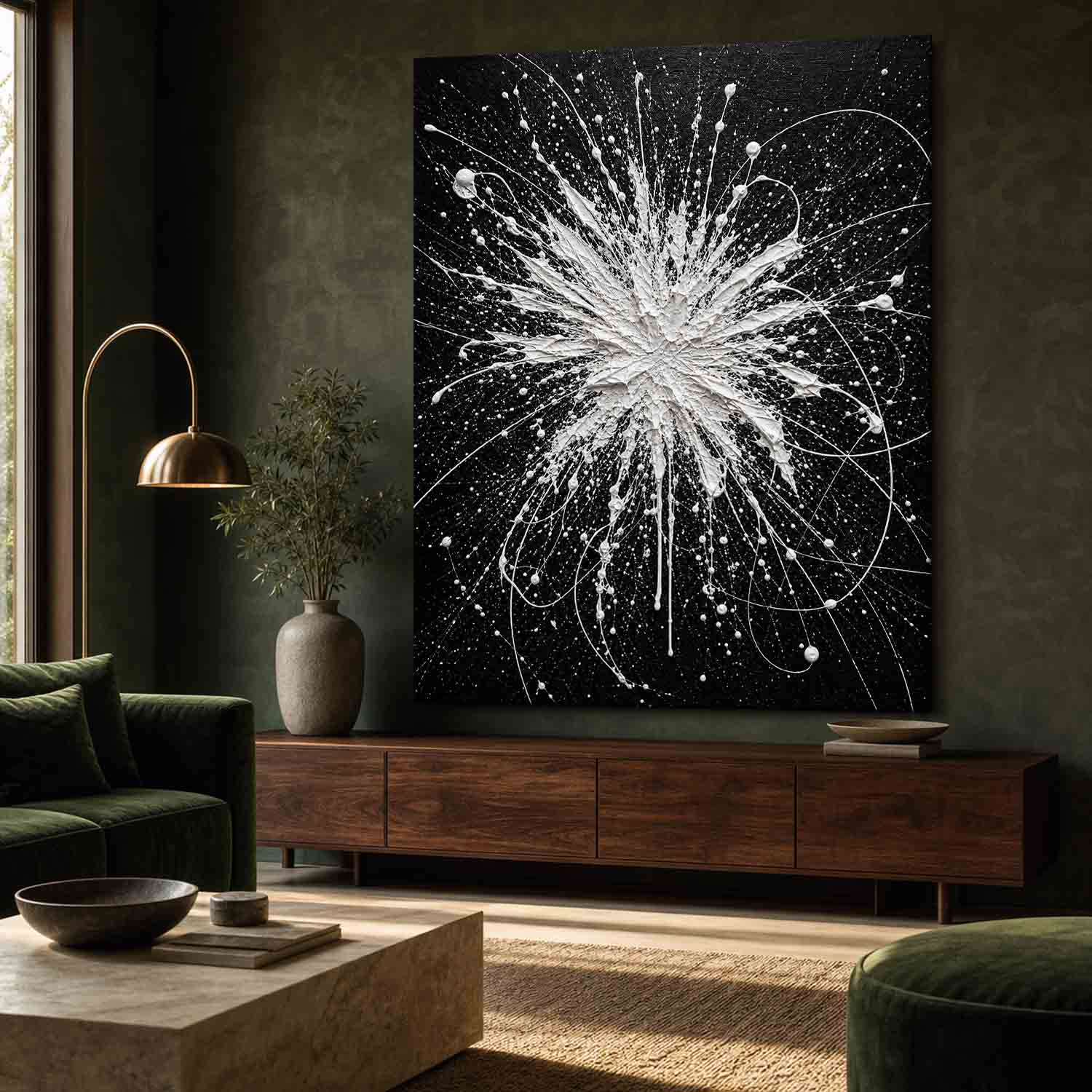 Pollock Abstract Style Black White Textured Relief Painting For Modern Living Room Entryway