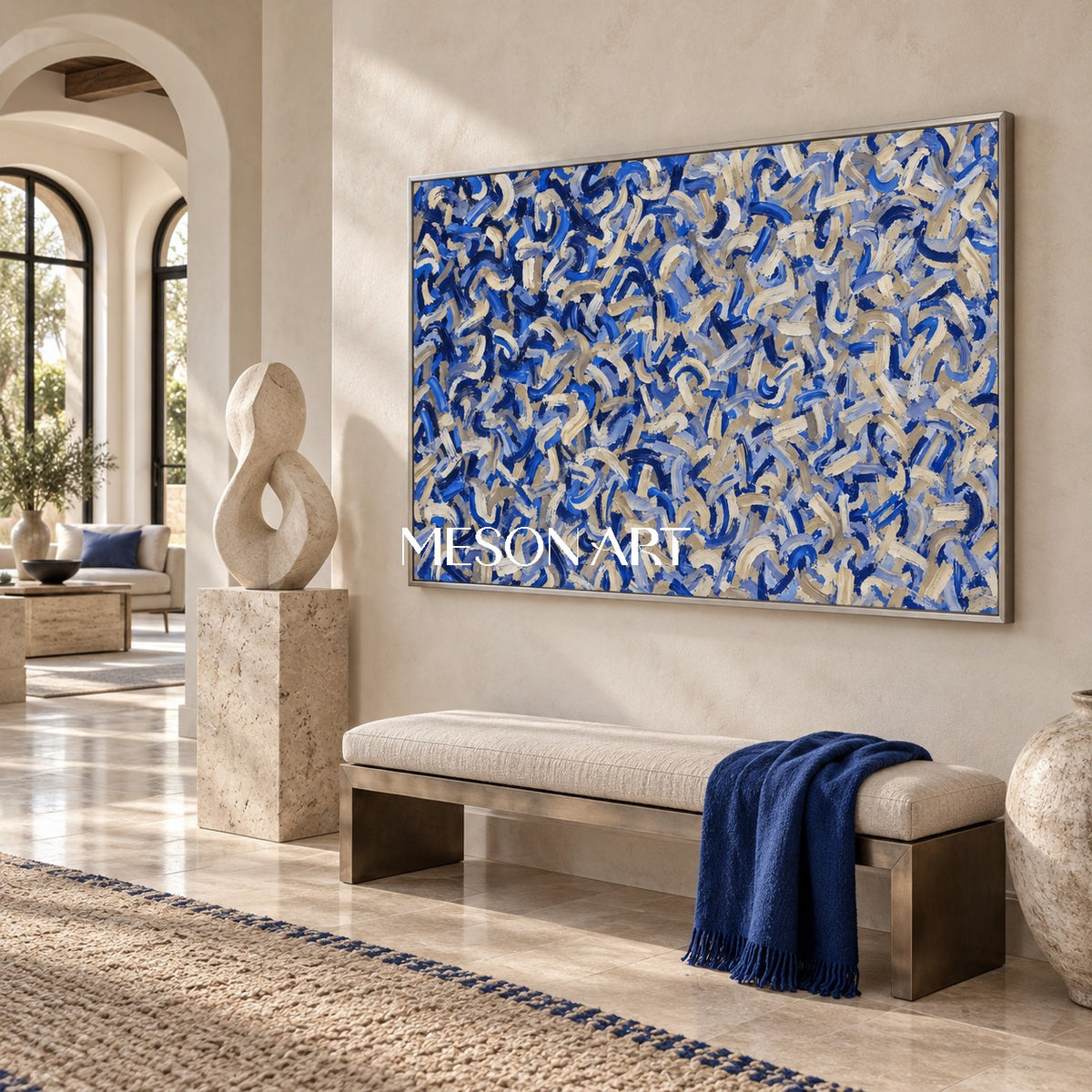 Blue And Beige Abstract Impasto Palette Knife Rectangular Wall Art Original Artist By Mesonart