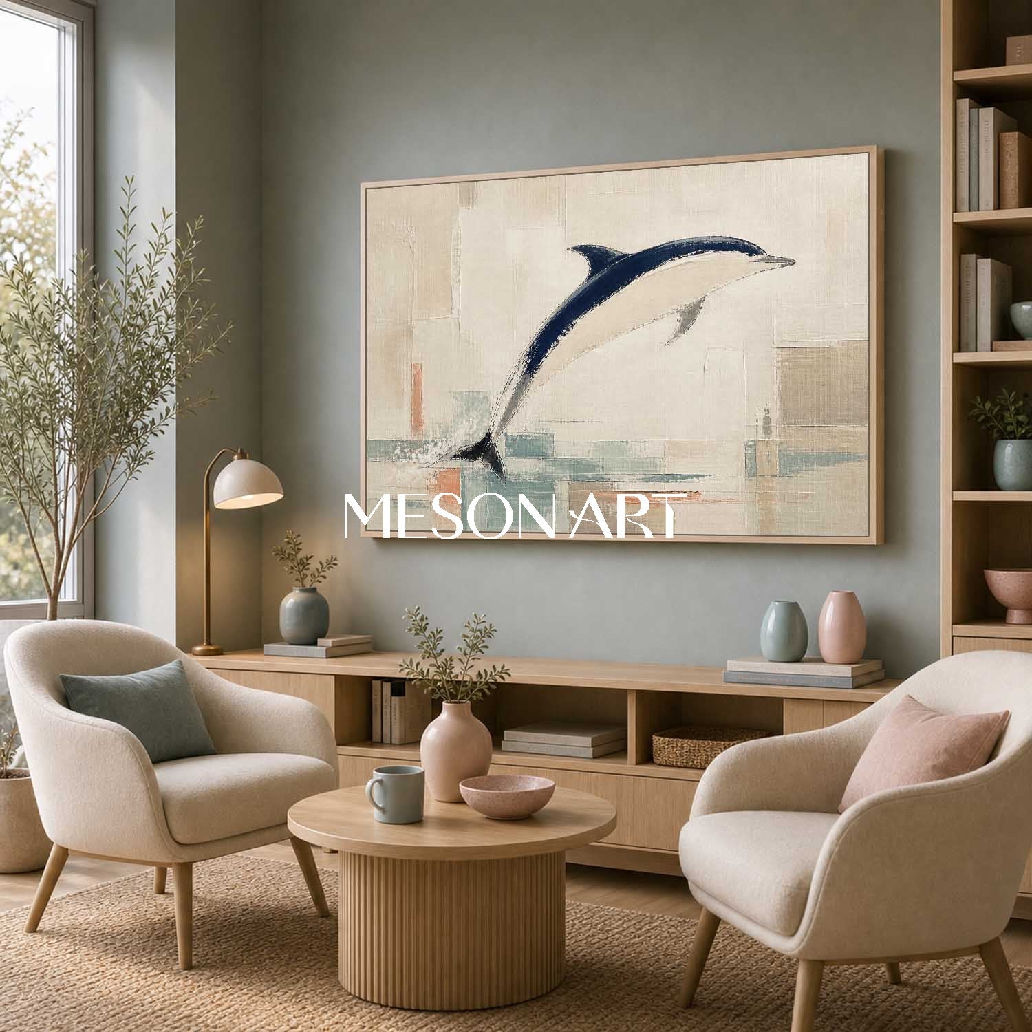 Minimalist Dolphin Painting For Modern Coastal Living Room And Bedroom Wall Art Decor