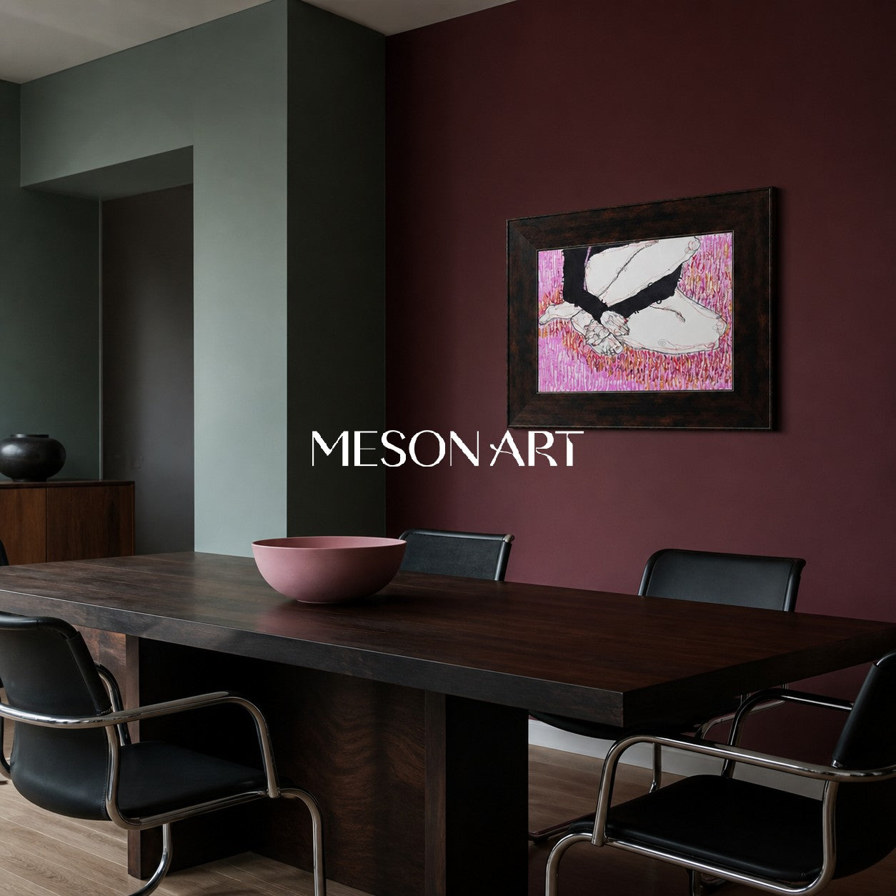Pittura figurativa astratta moderna con sfondo rosa per decorare le pareti del soggiorno