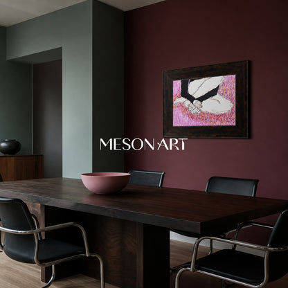 Pittura figurativa astratta moderna con sfondo rosa per decorare le pareti del soggiorno