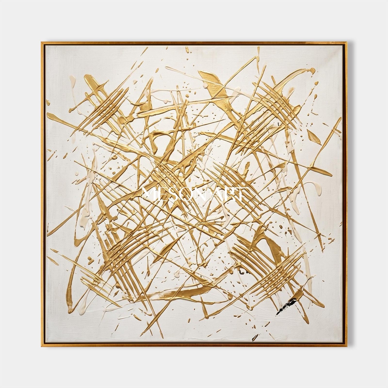 White And Gold Abstract Expressionism Painting Jackson Pollock Inspired Square Wall Art For Living Room By Mesonart