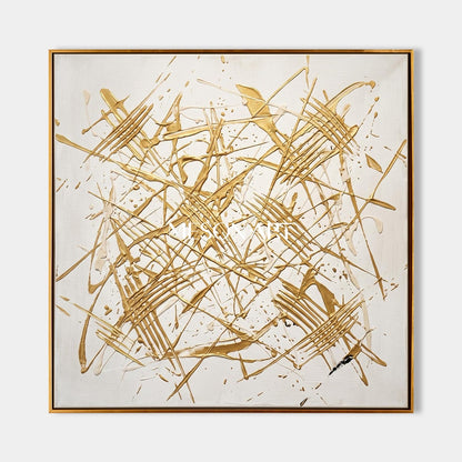 White And Gold Abstract Expressionism Painting Jackson Pollock Inspired Square Wall Art For Living Room By Mesonart