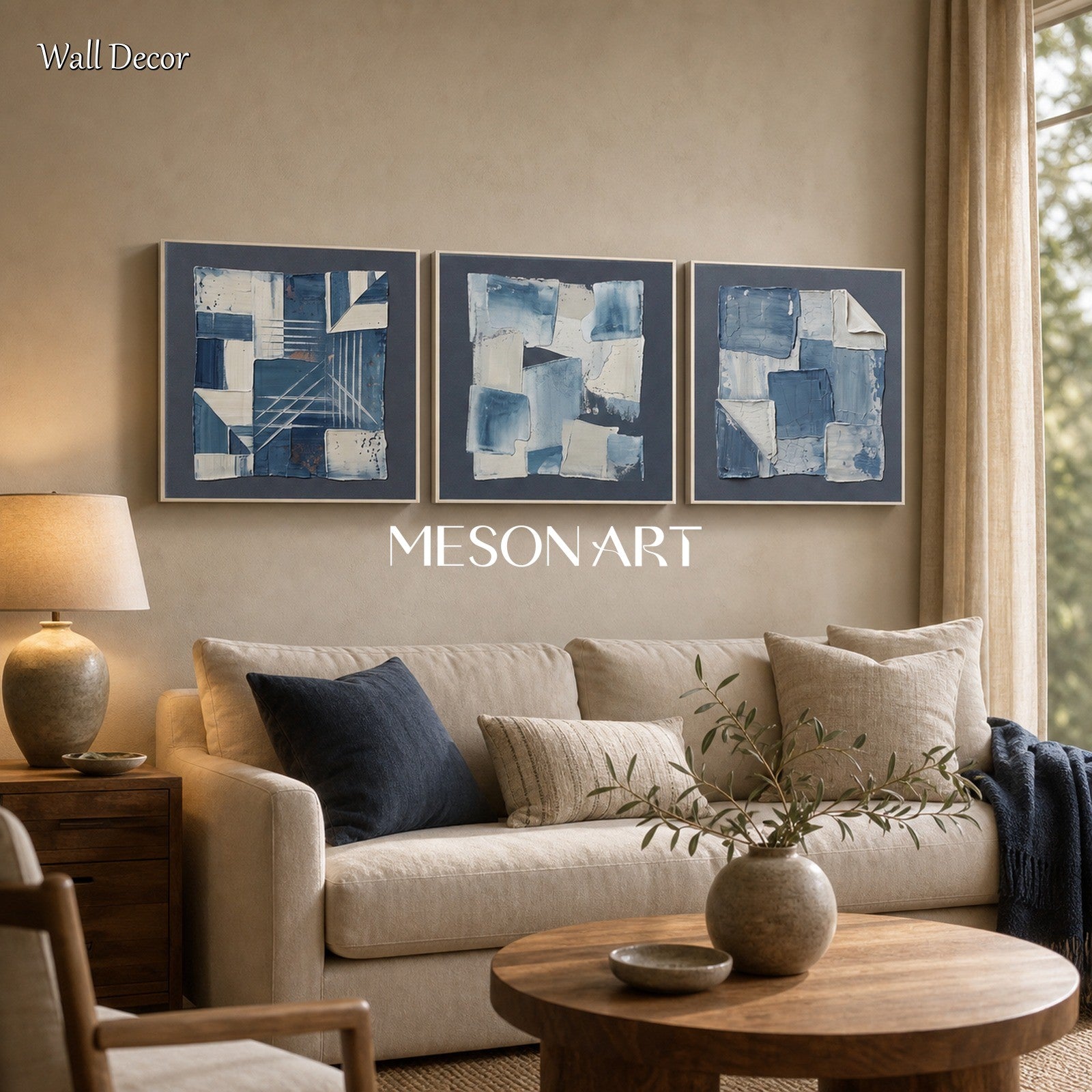 Blue Abstract Art Triptych With Textured Brushwork For Wabi Sabi Home Decor