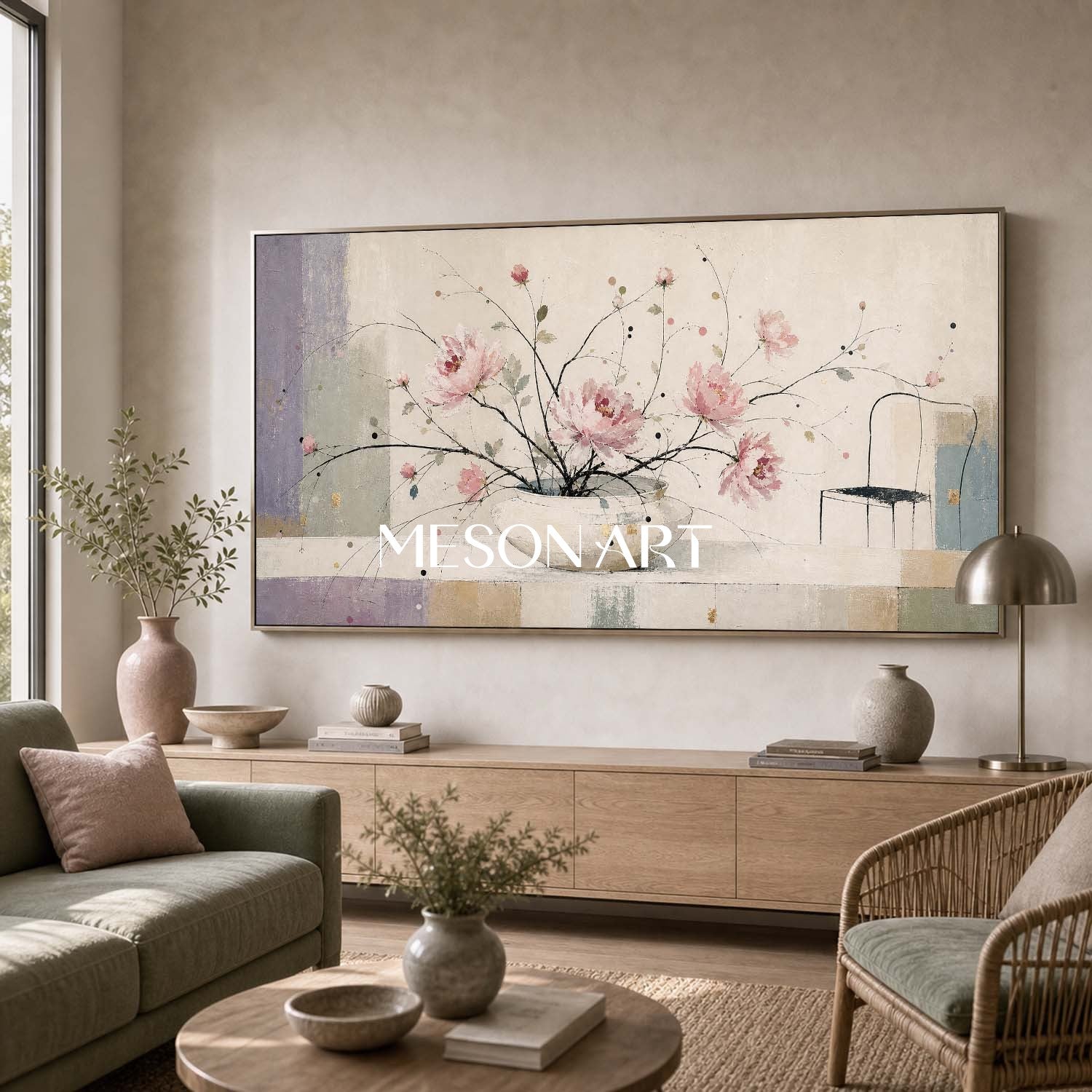 Minimalist Pink Floral Art Print For Modern Living Room Decor With Soft Beige Tones
