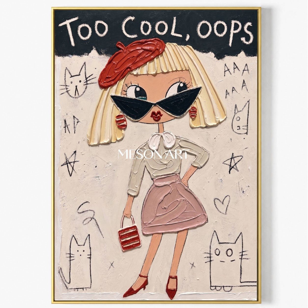 Playful Pop Art Cartoon Girl Painting With Red Beret For Contemporary Bedroom Decor