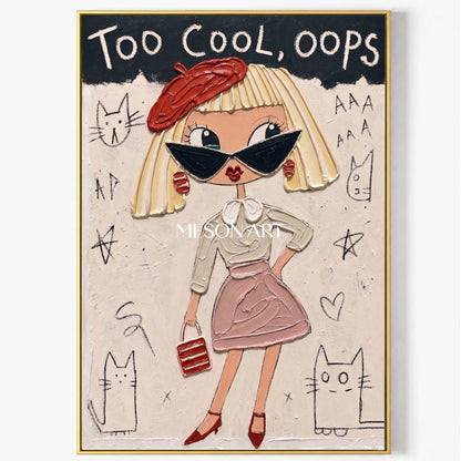Playful Pop Art Cartoon Girl Painting With Red Beret For Contemporary Bedroom Decor