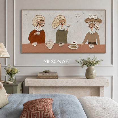 Charming Pop Art Tea Party Painting With Textured Relief For Modern Dining Room Wall Decor