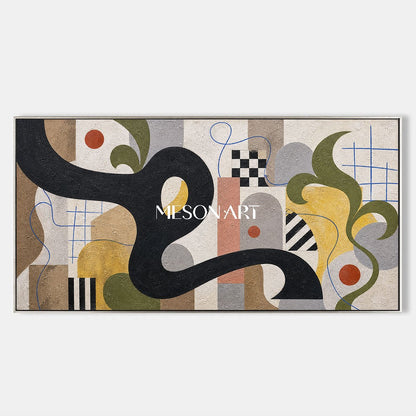 Mid Century Modern Abstract Painting With Geometric Shapes And Organic Lines For Living Room Decor