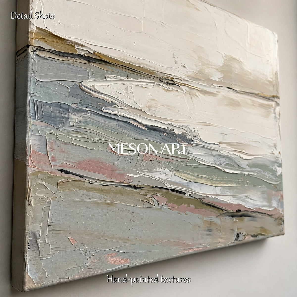 Quadro astratto raffigurante un paesaggio nei toni del beige e del grigio, opera d’arte da parete rettangolare di grandi dimensioni, opera originale dell’artista Mesonart