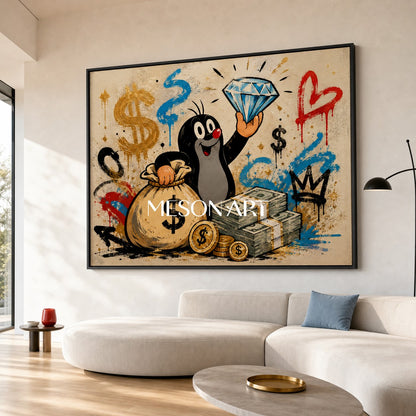 Playful Mole Graffiti Art With Dollar Signs For Modern Living Room Decor