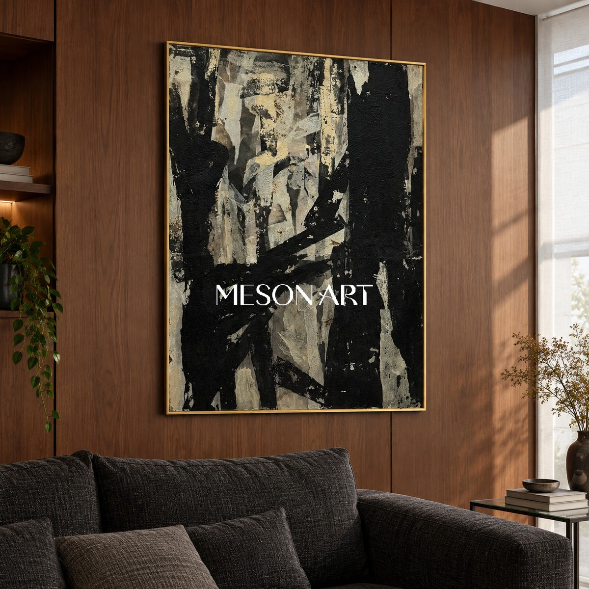Black And Gold Abstract Art Original Painting Textured Modern Wall Art For Living Room By Mesonart