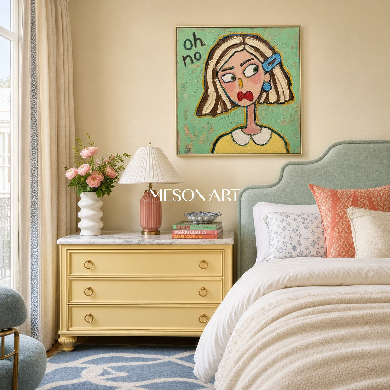 Colorful Pop Art Cartoon Portrait Painting With Textured Green Background For Modern Living Room Decor