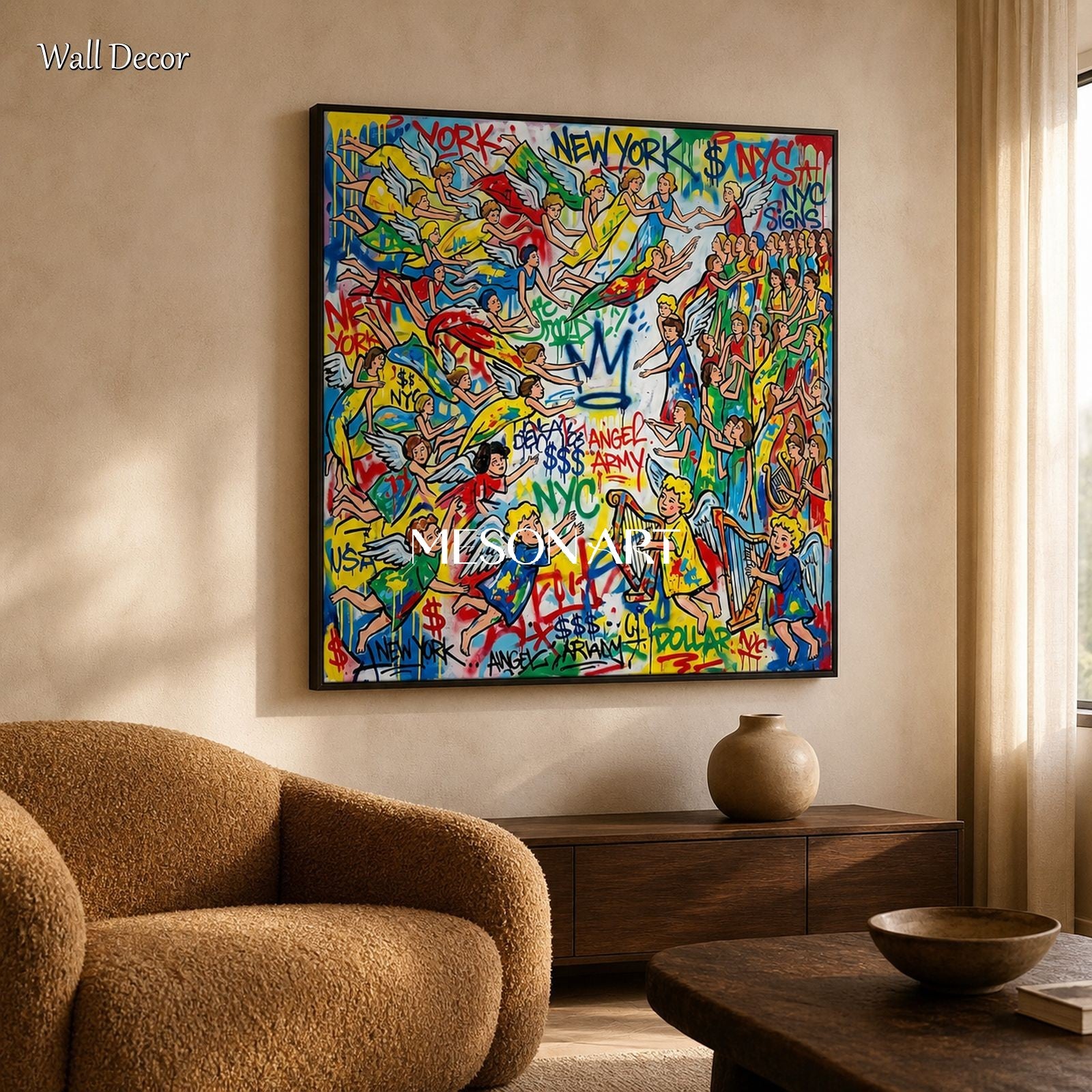 Yellow And Blue Graffiti Painting Banksy Style Square Wall Art For Living Room By Mesonart