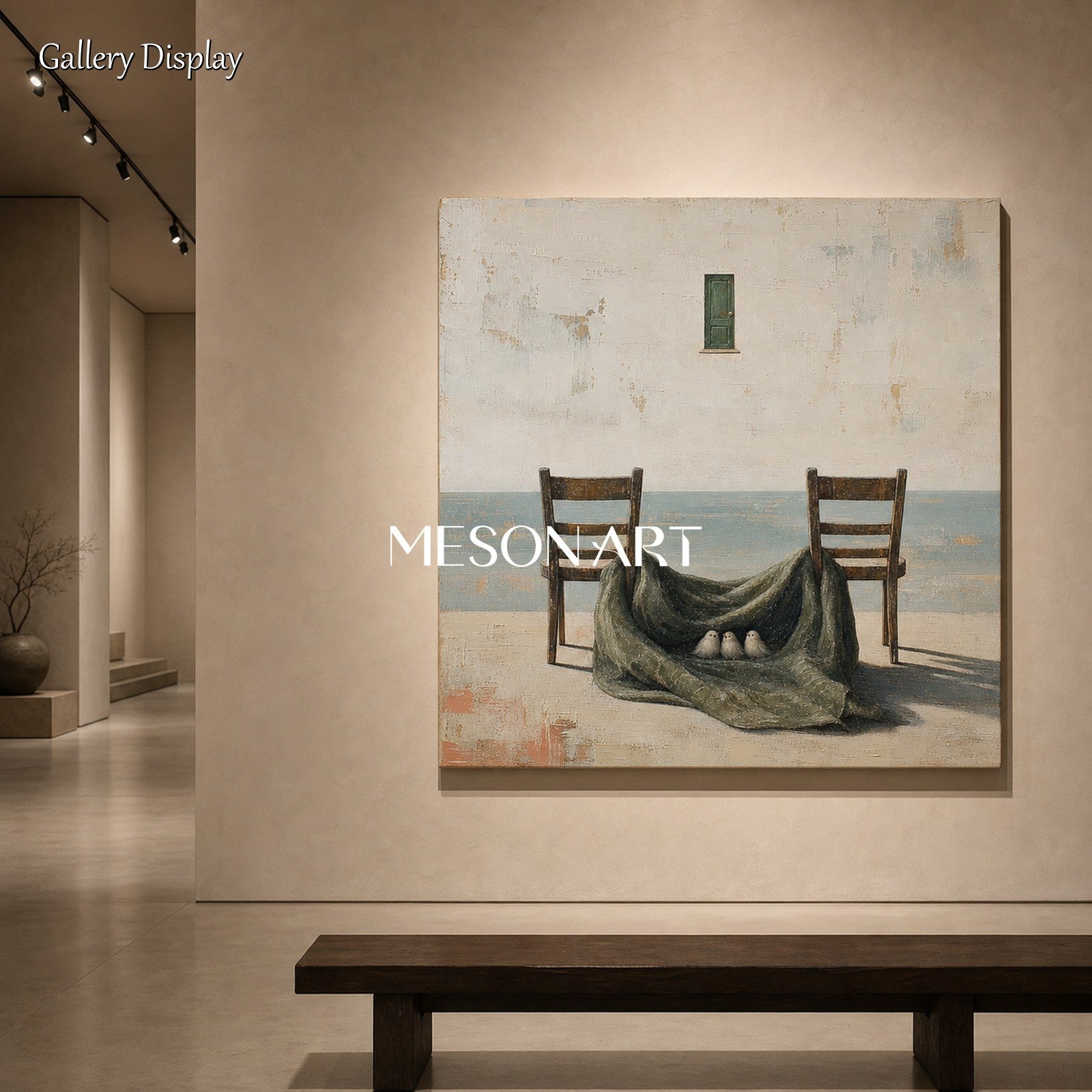 Surrealist Coastal Art With Birds And Chairs For Living Room Decor